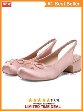 Satin Slingback Ballet Heels Bow Square Toe Chunky Pumps